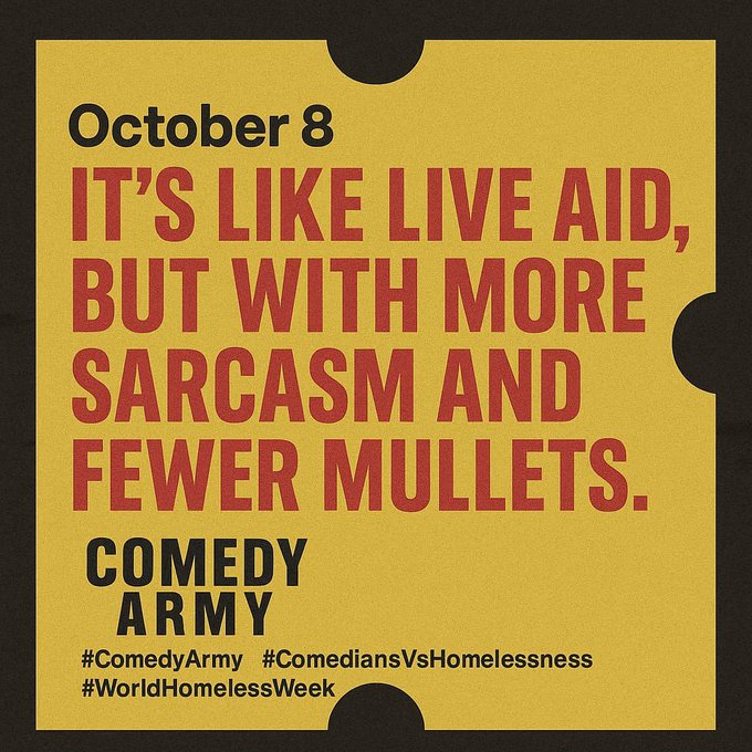 London, Aberdeen, Liverpool, Glasgow x 2, Edinburgh, Manchester, Bath, Brighton, Birmingham, Leeds and Newcastle!

Find your nearest destination!

Join comedians from across the country for Comedians vs Homelessness

comedy.army