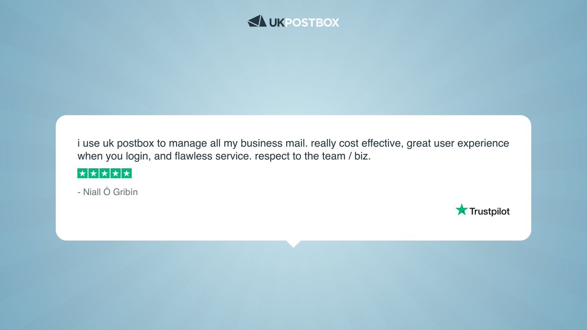 ⭐ ⭐⭐ ⭐⭐ 

Thanks Niall!

Excellent example of using UK Postbox to efficiently manage business mail. 
We appreciate the praise of our online platform, service and team.

See who we've helped 👉 ukpostbox.com/testimonials

#BusinessMail #MailManagement #MailForwarding