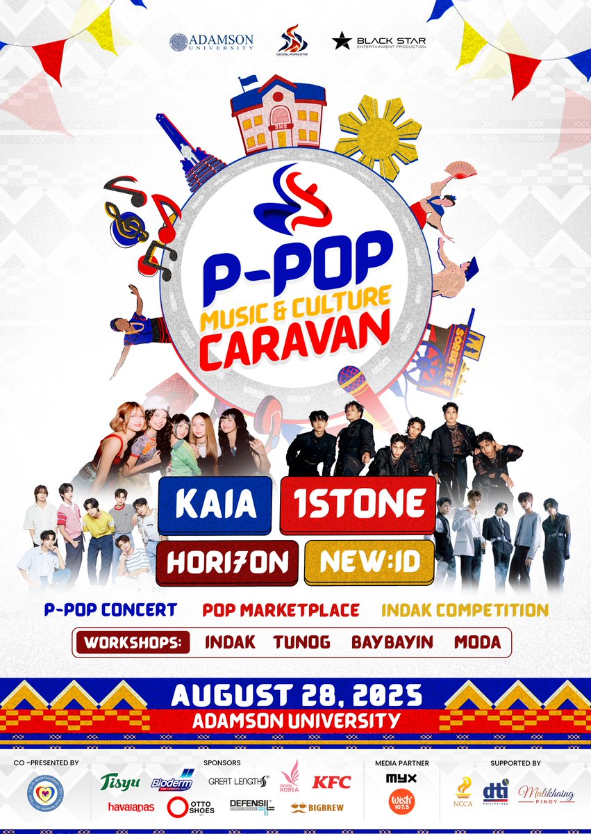 🚌 PMCC: P-Pop Music &amp; Culture Caravan 
🛑 Second Stop: Adamson University 
📅 August 28, 2025

AdU Falcons, ready to rise? 💙🕊 Catch KAIA, 1ST ONE, HORI7ON, and NEW:ID live as PMCC brings a full day of music, movement, and Filipino creativity to campus 🇵🇭🏫