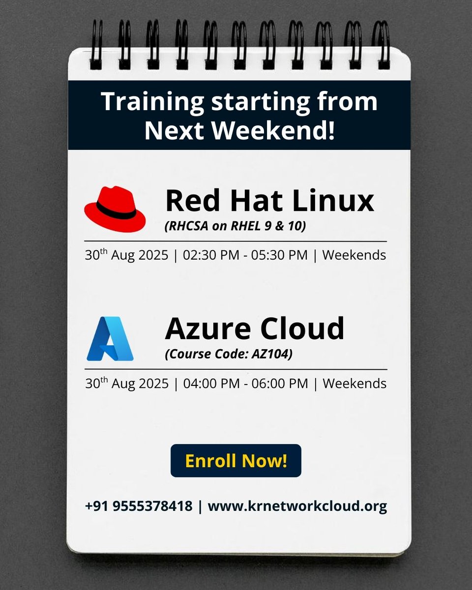 KRNetworkCloud1's tweet image. 📢 𝐓𝐫𝐚𝐢𝐧𝐢𝐧𝐠 𝐒𝐭𝐚𝐫𝐭𝐢𝐧𝐠 𝐟𝐫𝐨𝐦 𝐍𝐞𝐱𝐭 𝐖𝐞𝐞𝐤𝐞𝐧𝐝 – 𝟑𝟎𝐭𝐡 𝐀𝐮𝐠𝐮𝐬𝐭 𝟐𝟎𝟐𝟓!
Upgrade your IT skills with expert-led, hands-on training designed for real-world careers.
#RedHatLinux #AzureCloud #CloudTraining #LinuxTraining #RHCSA #AZ104 #CloudEngineer