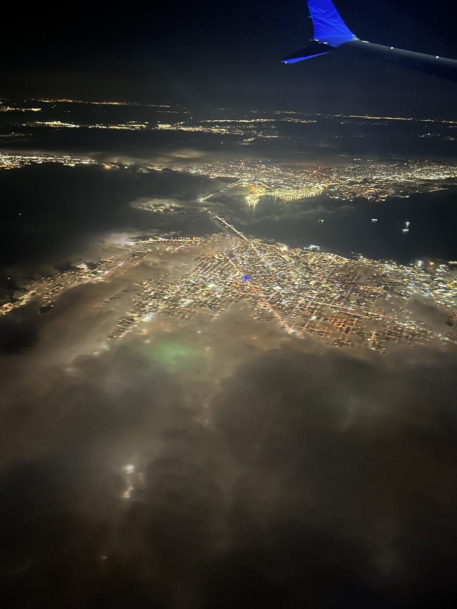 San Francisco from the air on a cloudy night.