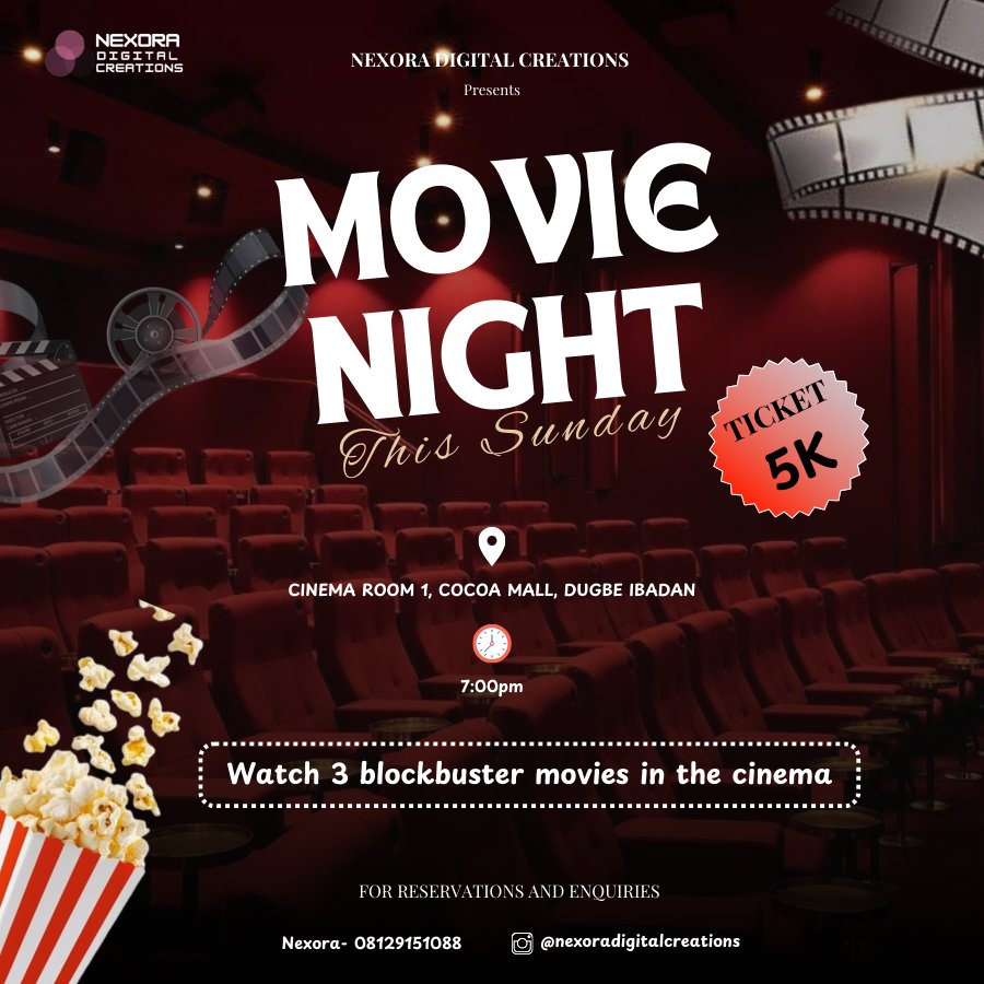 Day 22/30: Get ready for a cinematic experience! Designed a movie night flyer that's reel-y good and sure to be a blockbuster💥
#movienight #FlyerChallenge #30DayFlyerChallenge #GraphicsDesign #Nexoradigitalcreations