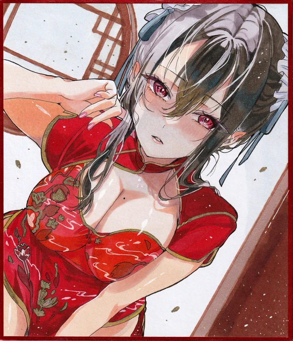 チャイナ服、似合うかな? アナログイラスト 手描きイラスト色紙