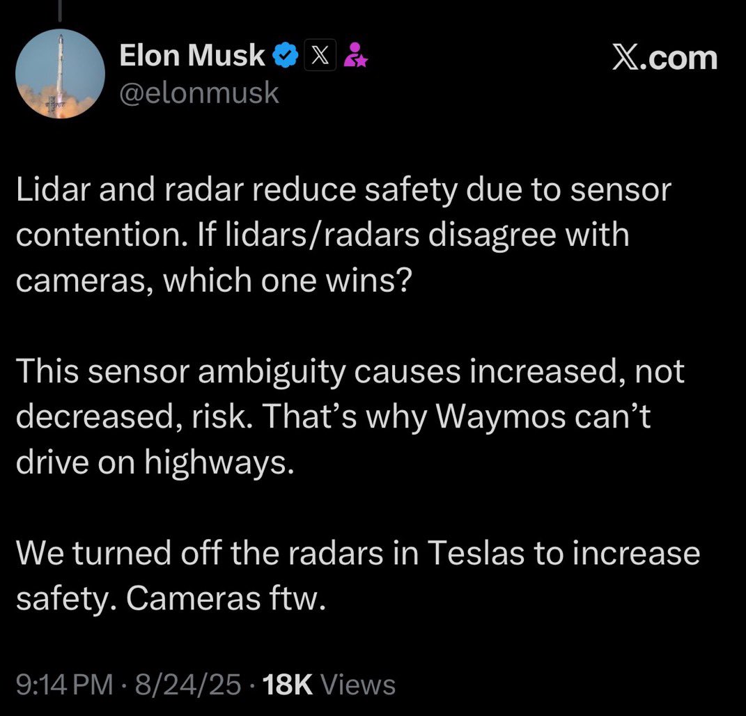 JSGoodness's tweet image. Hmm not true…. If lidar cost go down, the narrative will change.  You dont need so many sensors and yes elon is right on this but having a backup is not a bad idea.

I can also said if the camera go hey-wire isnt it also cause safety issue. In stormy and raining day the cameras…