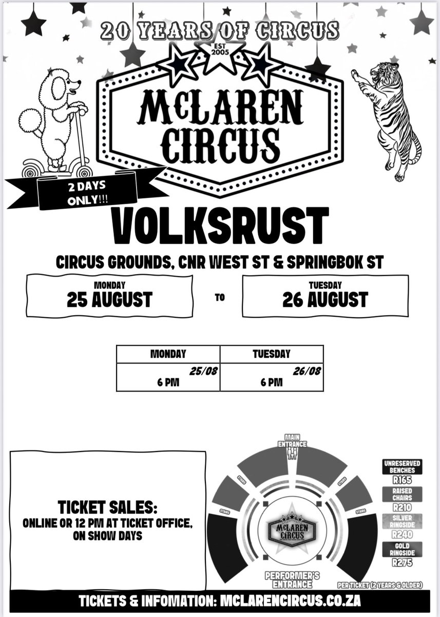 mclarenscircus's tweet photo. #McLarenCircus next Popular Show is in #Volksrust Today at 6pmπͺππ¦π―π΄π©π©π€‘π₯³πβ€οΈ
Coming Soon to #Ermelo #Standerton #Secunda & #Middelburg #Mpumalanga
#ShakaiLembeS2 #KZN Shop https://t.co/SeDaEBk3xP Aura Big Soso Jail Makoto Whites
Buy Tickets Online: https://t.co/Y5XPaa1RcI https://t.co/THzuaVqqgt