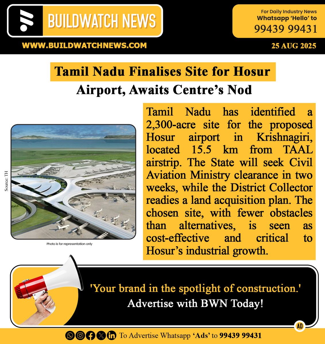 BuildWatchNEWS's tweet photo. Tamil Nadu Finalises Site for Hosur Airport, Awaits Centre’s Nod

🔗Read more: https://t.co/OP7Q34qtuM

#HosurAirport #TamilNaduAviation #IndustrialGrowth #TNInfrastructure #FutureOfAviation #AirportExpansion #HosurGrowth #AirTravelIndia #EconomicBoost #FlightConnectivity https://t.co/w9wZwKf0yP