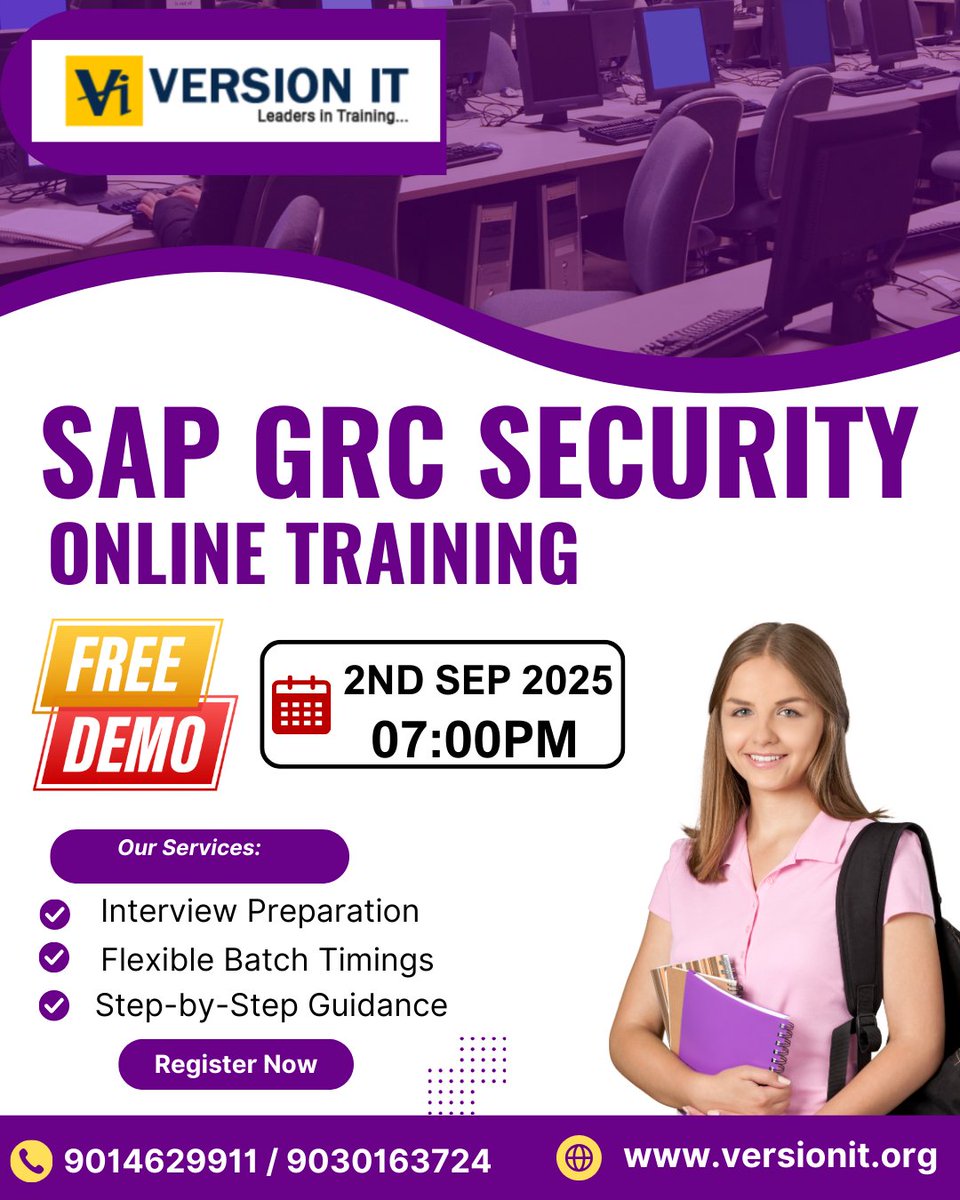 PVersionit's tweet image. 🎯 SAP GRC Security Training – New Batch!
📅 Demo: 2nd Sept 2025 | ⏰ 7:00 PM (IST)
📚 Duration: 2.5 Months | 🖥 Online &amp;amp; Classroom
✅ Real-time projects
👉 Register: forms.gle/U1uUyQERx8jwVJ…
🌐 Visit: versionit.org
#SAPGRC #SAPTraining #VersionIT #SAPCareer