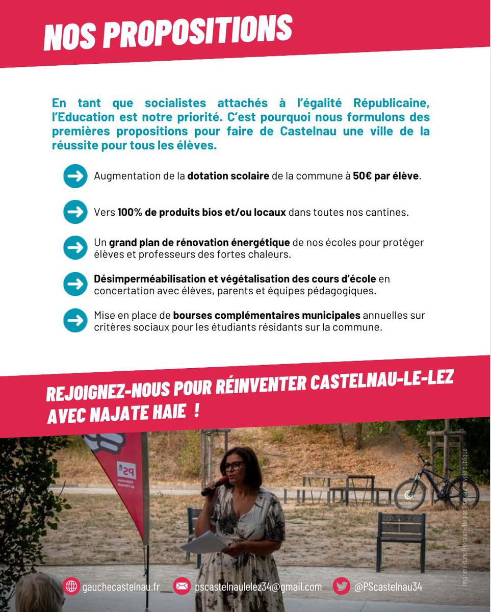 PS-Castelnau-le-Lez - Gauche métropolitaine (@pscastelnau34) on Twitter photo 👉À 4 jours de la reprise enseignante, à une semaine de celle des élèves, nos propositions sur Castelnau-le-Lez en matière d’éducation.
👉LA PRIORITÉ de <a href="/NajateHaie/">Najate Haie</a> pour commencer à changer le quotidien de nos enfants et des serviteurs du service public d’éducation! 👉À 4 jours de la reprise enseignante, à une semaine de celle des élèves, nos propositions sur Castelnau-le-Lez en matière d’éducation.
👉LA PRIORITÉ de <a href="/NajateHaie/">Najate Haie</a> pour commencer à changer le quotidien de nos enfants et des serviteurs du service public d’éducation!