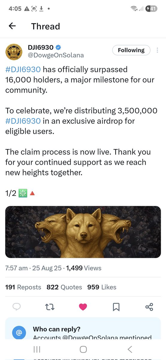 CatchUps243's tweet photo. 🚨 Scam Alert – Fake Airdrop Post 🚨

Hey team, just a quick warning: there’s a post going around claiming @DJI6930 is doing an airdrop of 3.5M tokens with a “connect wallet” link. This is NOT official. https://t.co/XSRvJQf839
