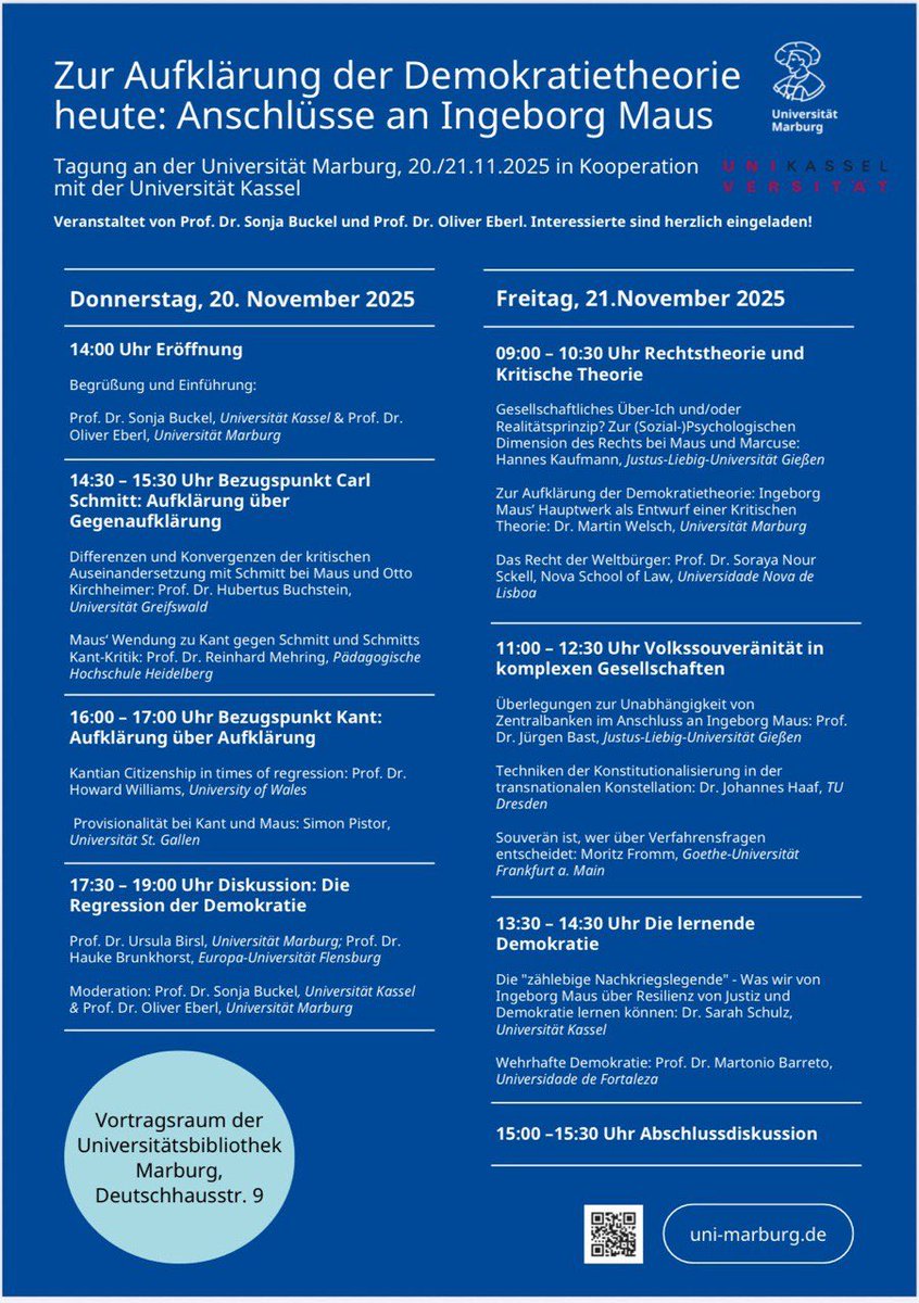 »Zur Aufklärung der Demokratietheorie heute«: Oliver Eberl und Sonja Buckel veranstalten eine Tagung im Gedenken an die am 14.12.2024 verstorbene Ingeborg Maus. Interessierte sind herzlich eingeladen. <a href="/Uni_MR/">Philipps-Universität</a> <a href="/uni_kassel/">Universität Kassel</a>