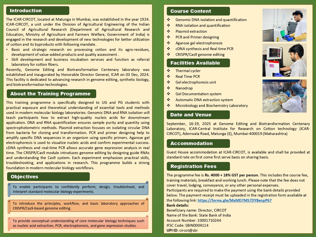 Training Programme on Basic Molecular Biology &amp; Genome Editing Techniques 🧬
📅 Sept 16–19, 2025
#MolecularBiology #GenomeEditing #Training