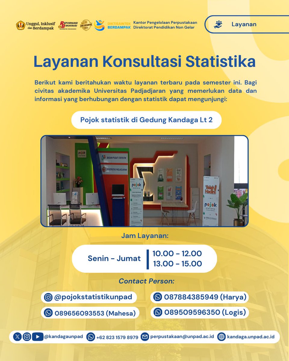 Layanan Pojok Statistik
Bagi civitas akademika Universitas Padjadjaran yang memerlukan data dan informasi yang berhubungan dengan statistik dapat mengunjungi pojok statistik di Gedung Kandaga Lt 2. 

Jam layanan: Senin - Jumat, mulai pukul 10.00-12.00 &amp; 13.00-15.00 WIB.