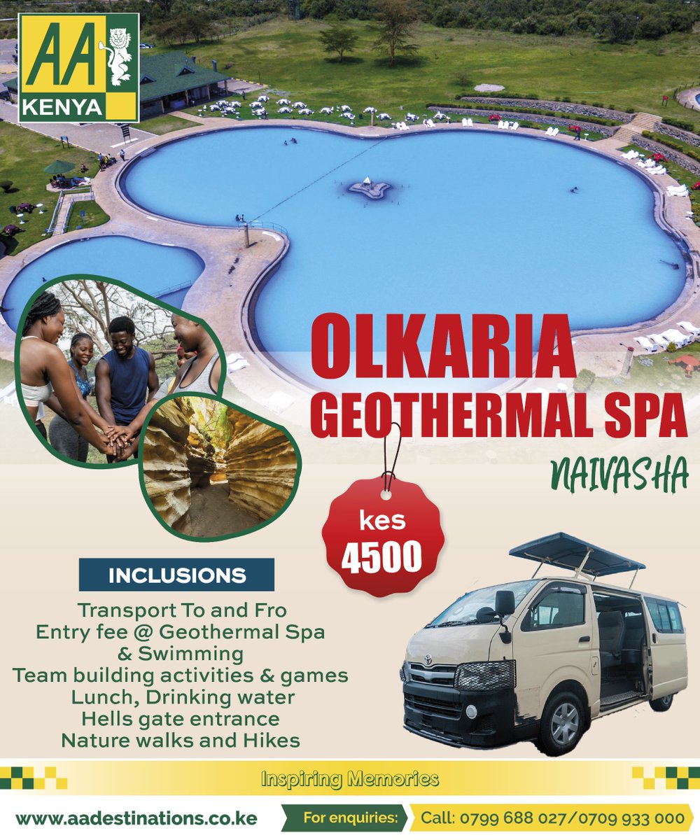 AAKenya's tweet image. Weekend plan? AA Destinations got you!
Join our Day Trip to Olkaria Geothermal Spa at just Kes.4,500 – all inclusive (Transport, Entry, Swimming, Team building, &amp;amp; Lunch).
Call us on 0799688027/0709933000 to book your spot today.
#AADestinations #WeekendPlan