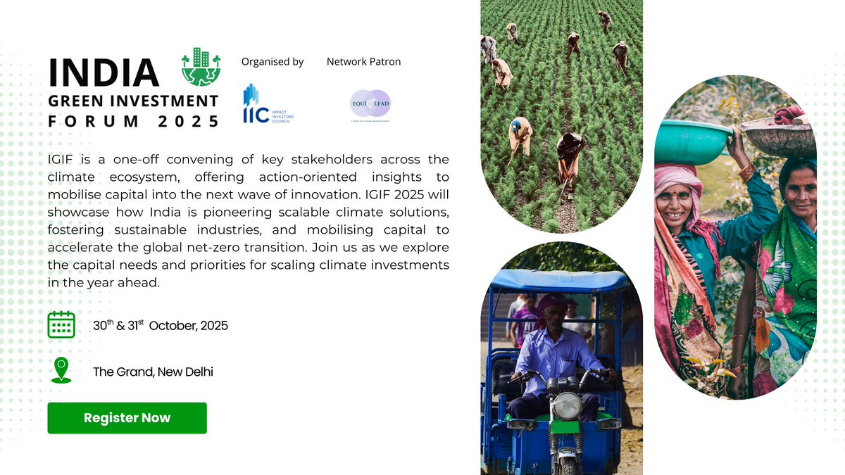 EquiLead (@equileadorg) on Twitter photo 🌱 IGIF 2025 is Live! We are excited to partner with the India Green #Investment Forum (IGIF) 2025, <a href="/IIIC_India/">Impact Investors Council</a>'s flagship convening focused on #climate innovation and #greenfinancing in India.
Register Here -: indiagreeninvestment.com/registration (Use discount code 50IGIF2025) 🌱 IGIF 2025 is Live! We are excited to partner with the India Green #Investment Forum (IGIF) 2025, <a href="/IIIC_India/">Impact Investors Council</a>'s flagship convening focused on #climate innovation and #greenfinancing in India.
Register Here -: indiagreeninvestment.com/registration (Use discount code 50IGIF2025)