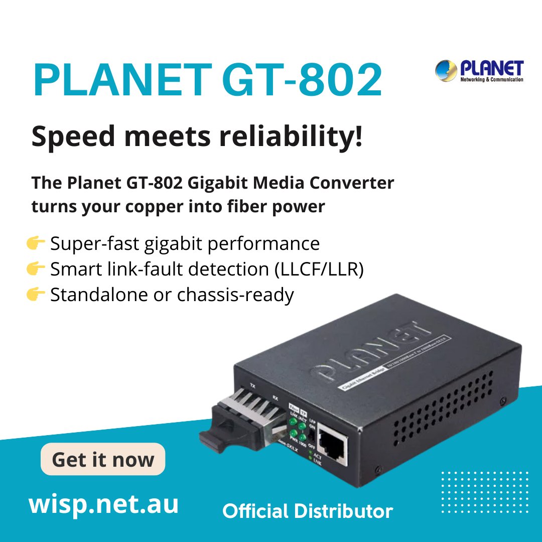 wispaustralia's tweet image. ⚡ The future is fiber, and GT-802 makes the switch effortless.

🌐 Compact. Reliable. Lightning-fast.

👉 Upgrade today: wisp.net.au/planet-gt-802.…

#TechGlowUp #PlanetGT802 #NetworkUpgrade #PlanetGT802 #sydney #WISP #Australia