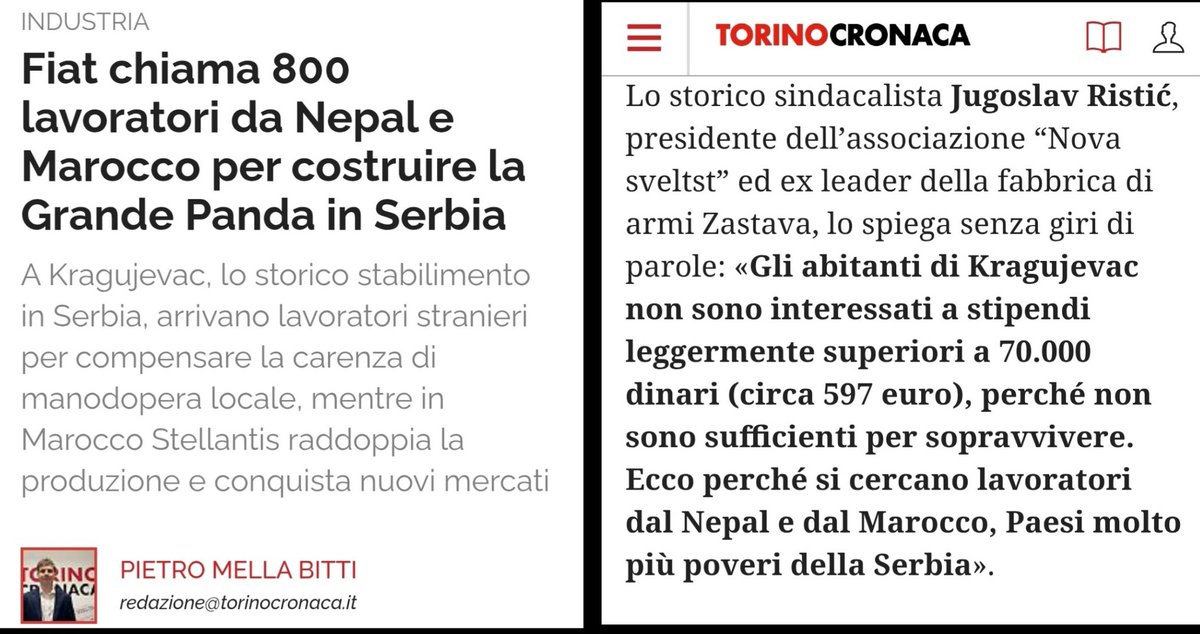 L'articolo qui riportato ci offre l'occasione di uno spiegone facile facile del mio pensiero sull'immigrazionismo sostenuto dalla sinistra:
1. un operaio in Italia guadagna 1500 euro al mese: in Serbia guadagna 750 euro al mese.
2. La multinazionale porta la produzione delle auto
