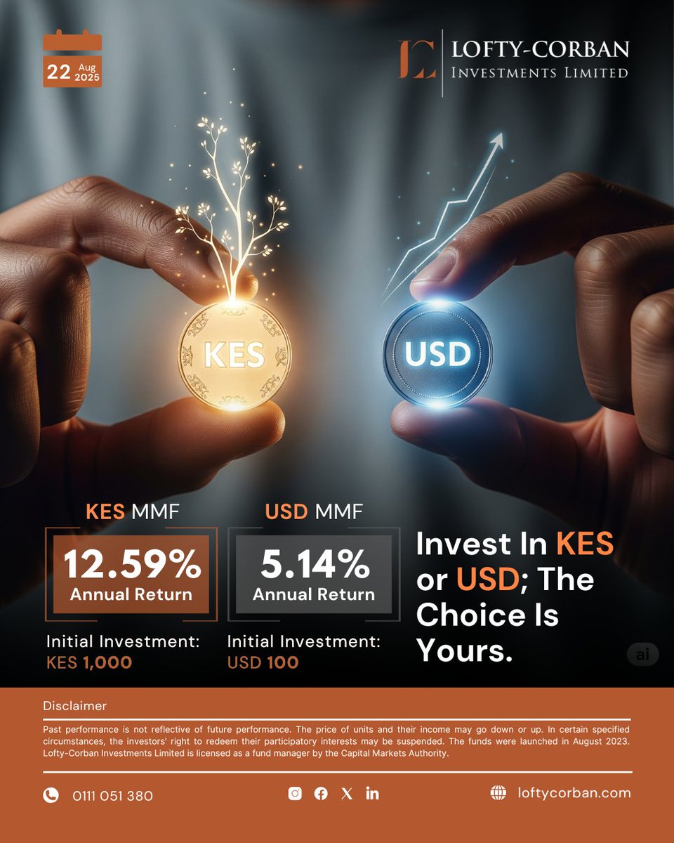 Whether you’re investing in #KESMMF or #USDMMF, our #MoneyMarketFunds are designed for #CapitalPreservation while delivering #CompetitiveReturns that keep your goals on track.

Secure today, build tomorrow:
🔗 bit.ly/45yeRs0
_
#LoftyCorban #FinancialFreedom