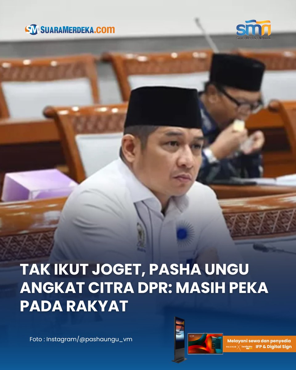 suaramerdeka's tweet photo. Pasha Ungu menjadi sorotan publik setelah terekam duduk diam ketika mayoritas anggota dewan berjoget pada Sidang Tahunan MPR 15 Agustus 2025 lalu
https://t.co/k7d2VTWtqF
#suaramerdeka #pashaungu #joget #dpr #sidangtahunanmpr #jogetsidang #sidangmpr #sigitpurnomo https://t.co/5TogESoUK4