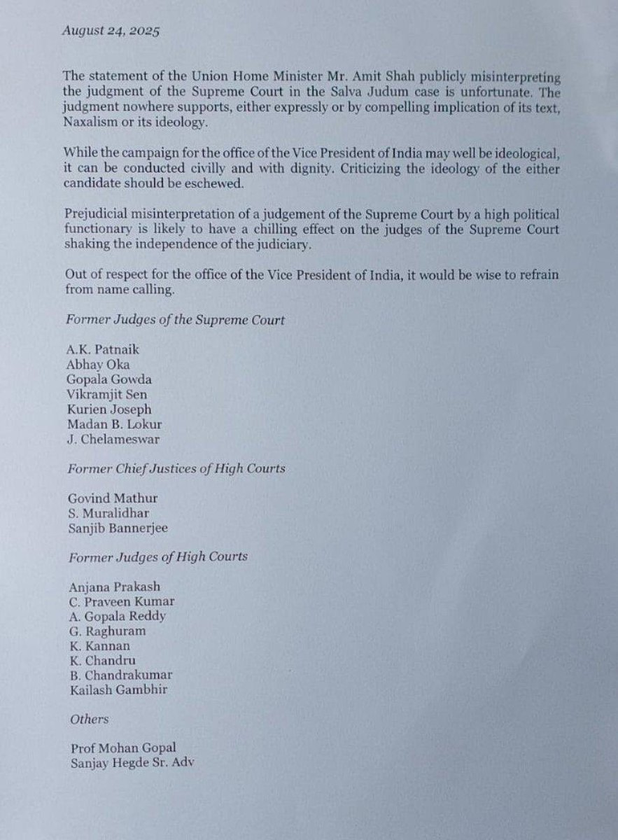 SauravDassss's tweet image. Former Judges of the Supreme Court, Chief Justices and Judges of High Courts, and eminent jurists issue a statement condemning Home Minister Amit Shah’s “unfortunate” and “prejudicial misinterpretation” of INDIA bloc Vice Presidential candidate, B. Sudershan Reddy’s judgment in…
