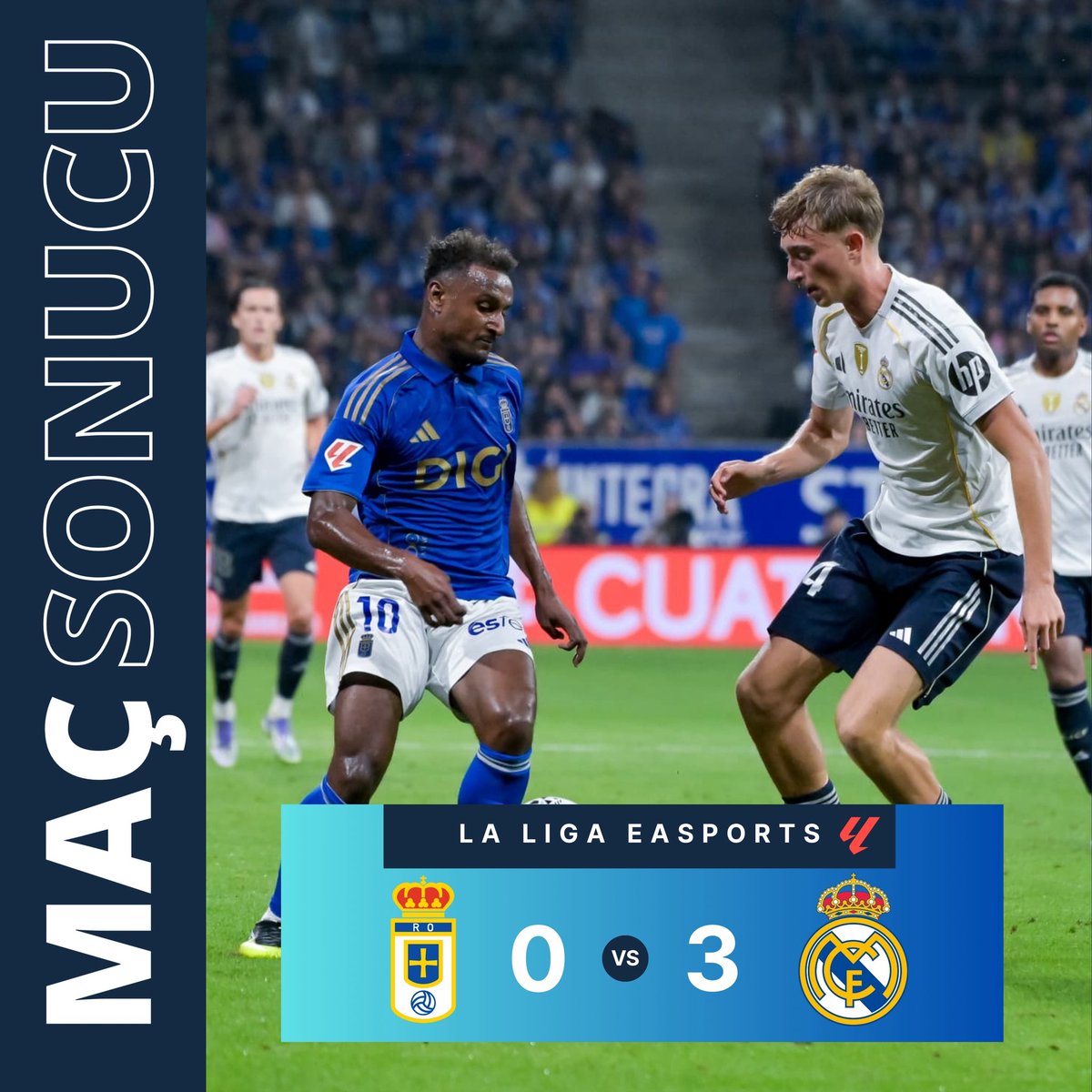 ⏱ Maç Sonucu | Real Oviedo 0–3 Real Madrid
📍 Tartiere’de tarihi buluşma, 24 yıl sonra yeniden LaLiga devini ağırladık.
Sonuç istediğimiz gibi değil ama bu yolun her adımında Oviedo’nun yanındayız. 💙 

#RealOviedo