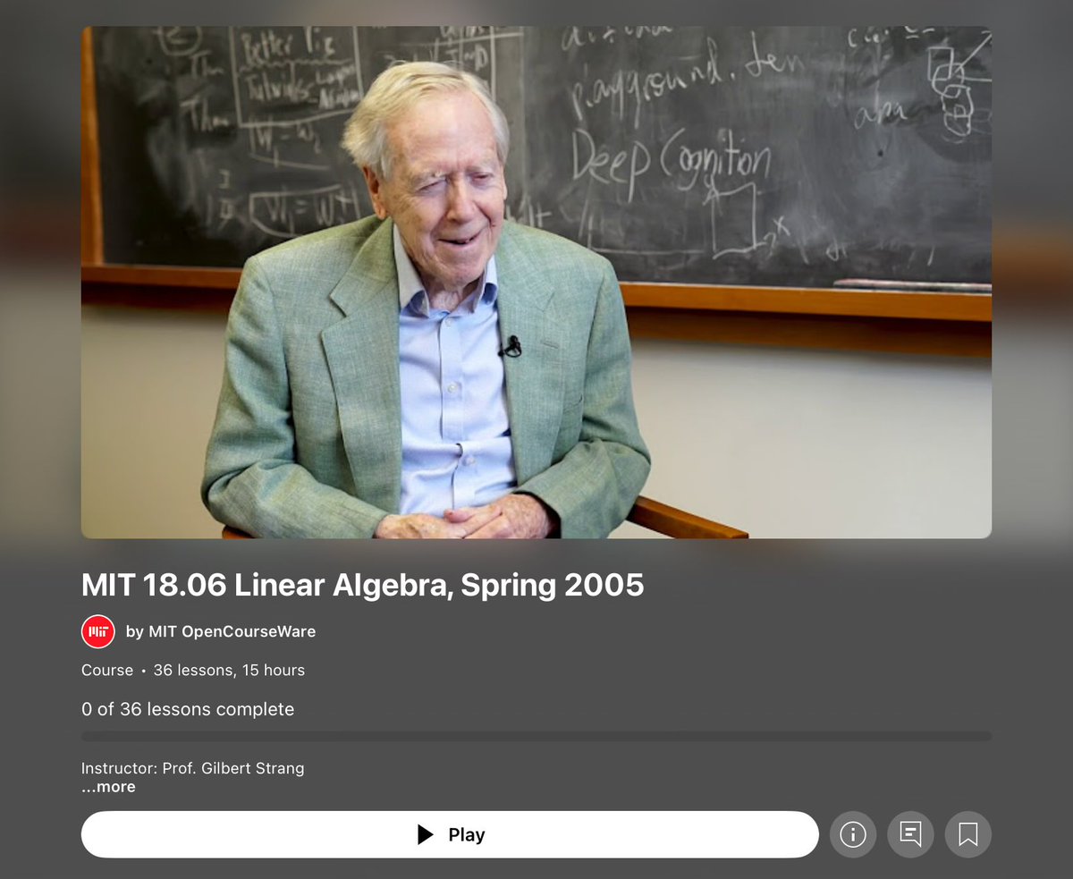 MIT’s linear algebra
By Professor Gilbert Strang

Youtube videos: youtube.com/playlist?list=…