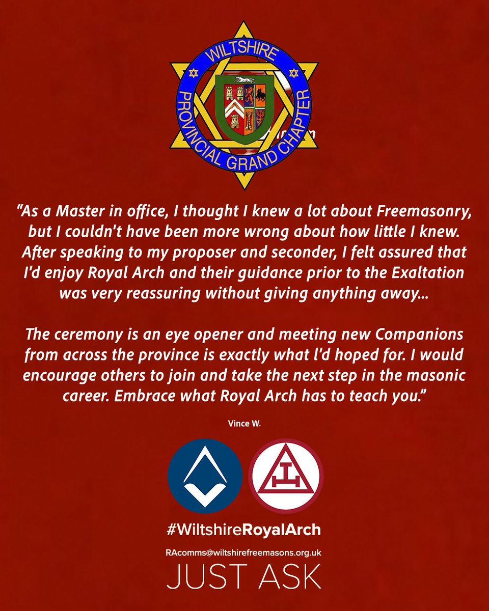PGChapter Wiltshire (@pgcwiltshire) on Twitter photo #WiltshireRoyalArch "As a Master in office, I thought I knew a lot about Freemasonry, but I couldn't have been more wrong about how little I knew…”
Follow the clues and #DiscoverMore in Wiltshire Royal Arch. Just Ask! <a href="/PGCWiltshire/">PGChapter Wiltshire</a> <a href="/wiltspgl/">Wiltshire Freemasons</a> <a href="/GrandChapter/">Supreme Grand Chapter</a> #WiltshireRoyalArch "As a Master in office, I thought I knew a lot about Freemasonry, but I couldn't have been more wrong about how little I knew…”
Follow the clues and #DiscoverMore in Wiltshire Royal Arch. Just Ask! <a href="/PGCWiltshire/">PGChapter Wiltshire</a> <a href="/wiltspgl/">Wiltshire Freemasons</a> <a href="/GrandChapter/">Supreme Grand Chapter</a>