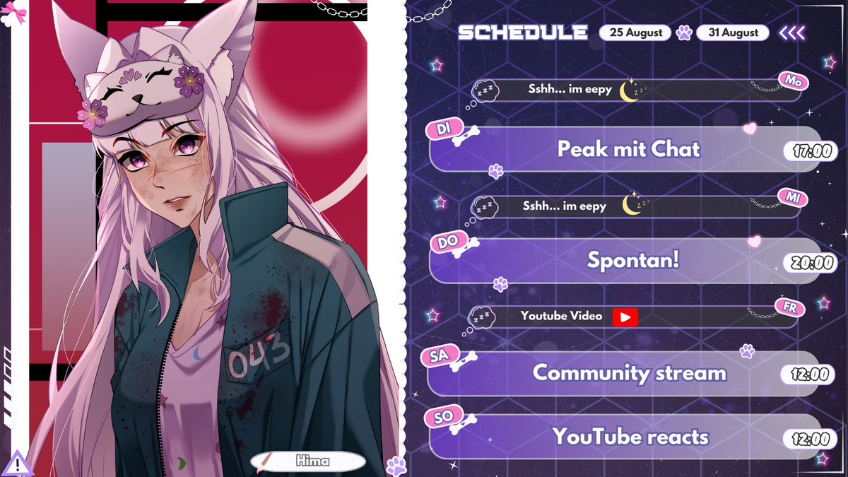 💜STREAMPLAN💜

👉DI 17 Uhr Peak mit Chat 
👉DO spontan 
👉SA 12 Uhr Community day 
👉SO 12 Uhr YouTube reacts

Ich freue mich auf euch! 💜 Ich wünsche euch eine schöne Woche