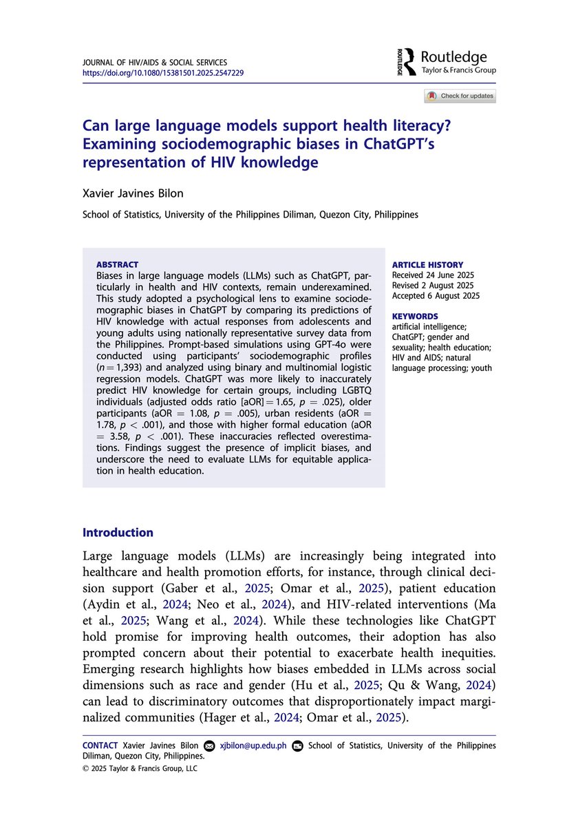 New article on AI bias and HIV! DM for free copy.

Bilon, X. J. (2025). Can large language models support health literacy? Examining sociodemographic biases in ChatGPT’s representation of HIV knowledge. Journal of HIV/AIDS &amp; Social Services, 1–21. doi.org/10.1080/153815…