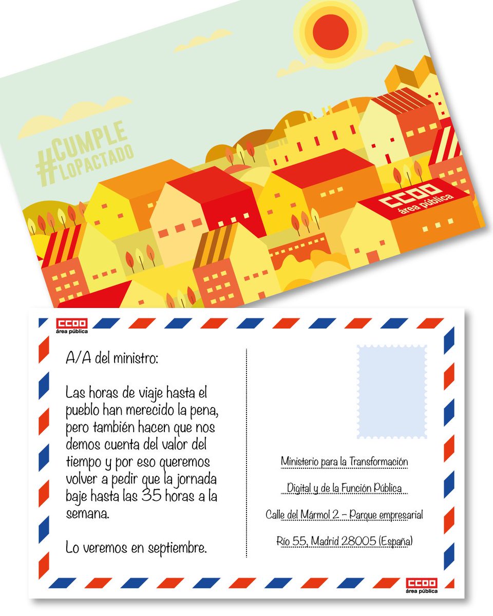 🏡 Recordamos al Ministerio que se fue de vacaciones con acuerdos suscritos que debe cumplir

📩 Lo hacemos con una postal: Volvemos a pedir que la jornada baje a 35h. semanales para el personal de las Administraciones Públicas

#CumpleLoPactado