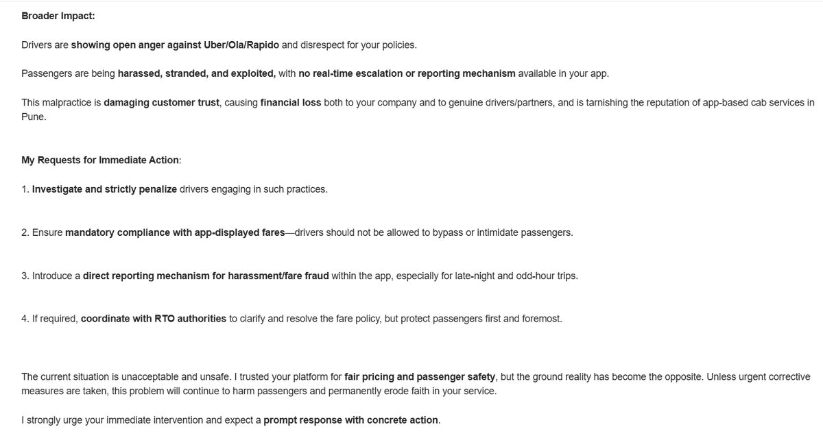 MegapolisResdnt's tweet photo. Urgent Grievance: Passenger Harassment and Unfair Fare Demands by #CabDrivers in #Pune 

“We don’t care what Uber/Ola/Rapido shows. Everyone is going on ₹25/km meter rate.”

Request @Uber_India @Olacabs @rapidobikeapp to look into it as, it's loss to both company &amp; customer. https://t.co/NIneOzAaHj