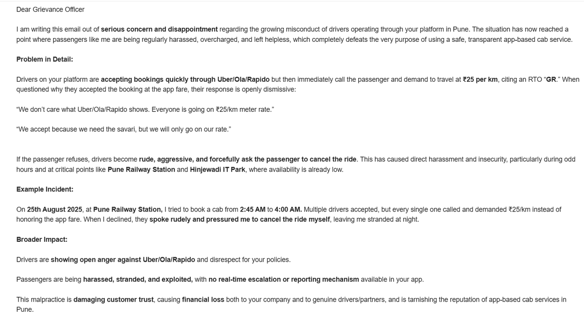 MegapolisResdnt's tweet photo. Urgent Grievance: Passenger Harassment and Unfair Fare Demands by #CabDrivers in #Pune 

“We don’t care what Uber/Ola/Rapido shows. Everyone is going on ₹25/km meter rate.”

Request @Uber_India @Olacabs @rapidobikeapp to look into it as, it's loss to both company &amp; customer. https://t.co/NIneOzAaHj
