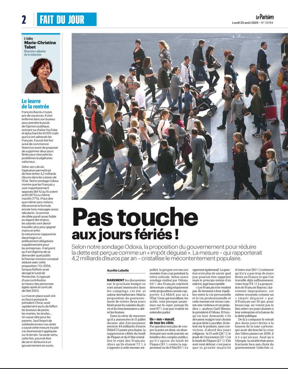 On ne touche pas aux(11)jours fériés, on ne touche pas à l’âge de la retraite, on ne touche pas aux 5 semaines de CP, pas davantage aux 35h, dans un pays où le nombre d’heures travaillées/tête est le plus faible et où les prélèvements sont les plus élevés y compris sur le capital