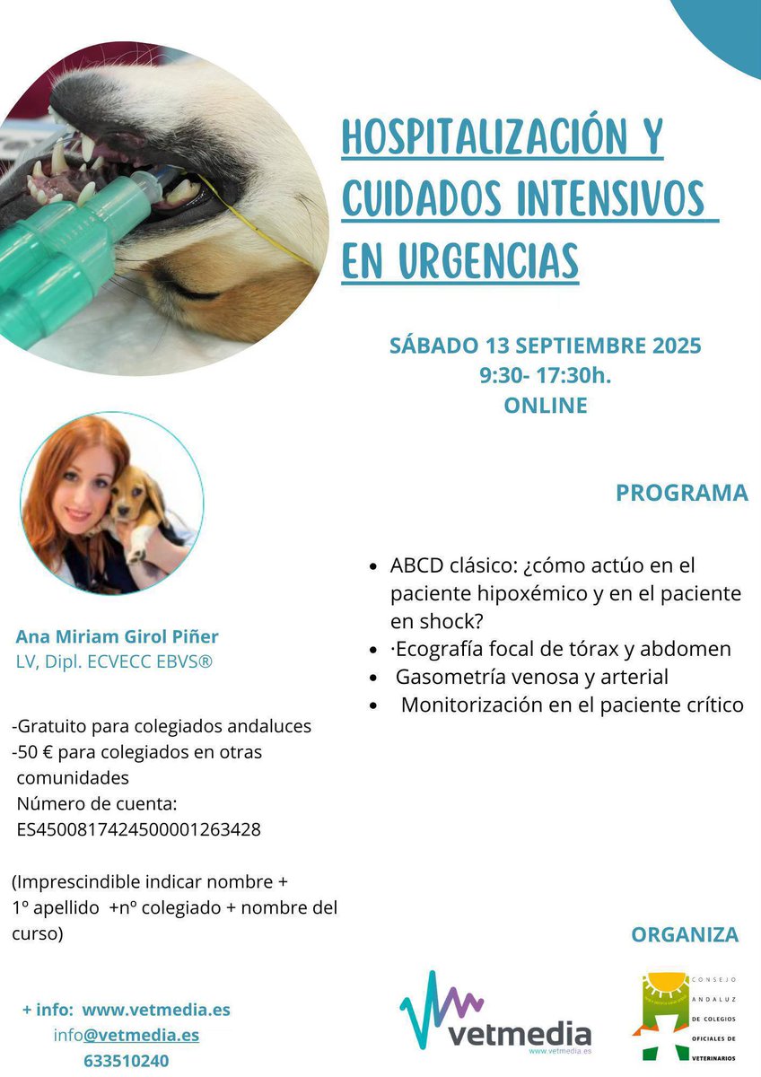 🗣 ¡Continúa con tu formación! 

Inscríbete al Webseminar: "Hospitalización y cuidados intensivos en urgencias", organizado por el #CACV y #VetMedia. 

✅ GRATUITO para colegiados andaluces. 

▪️ Fecha: Sábado, 13 de septiembre de 2025.

🔎 colvetsevilla.es/evento/hospita…