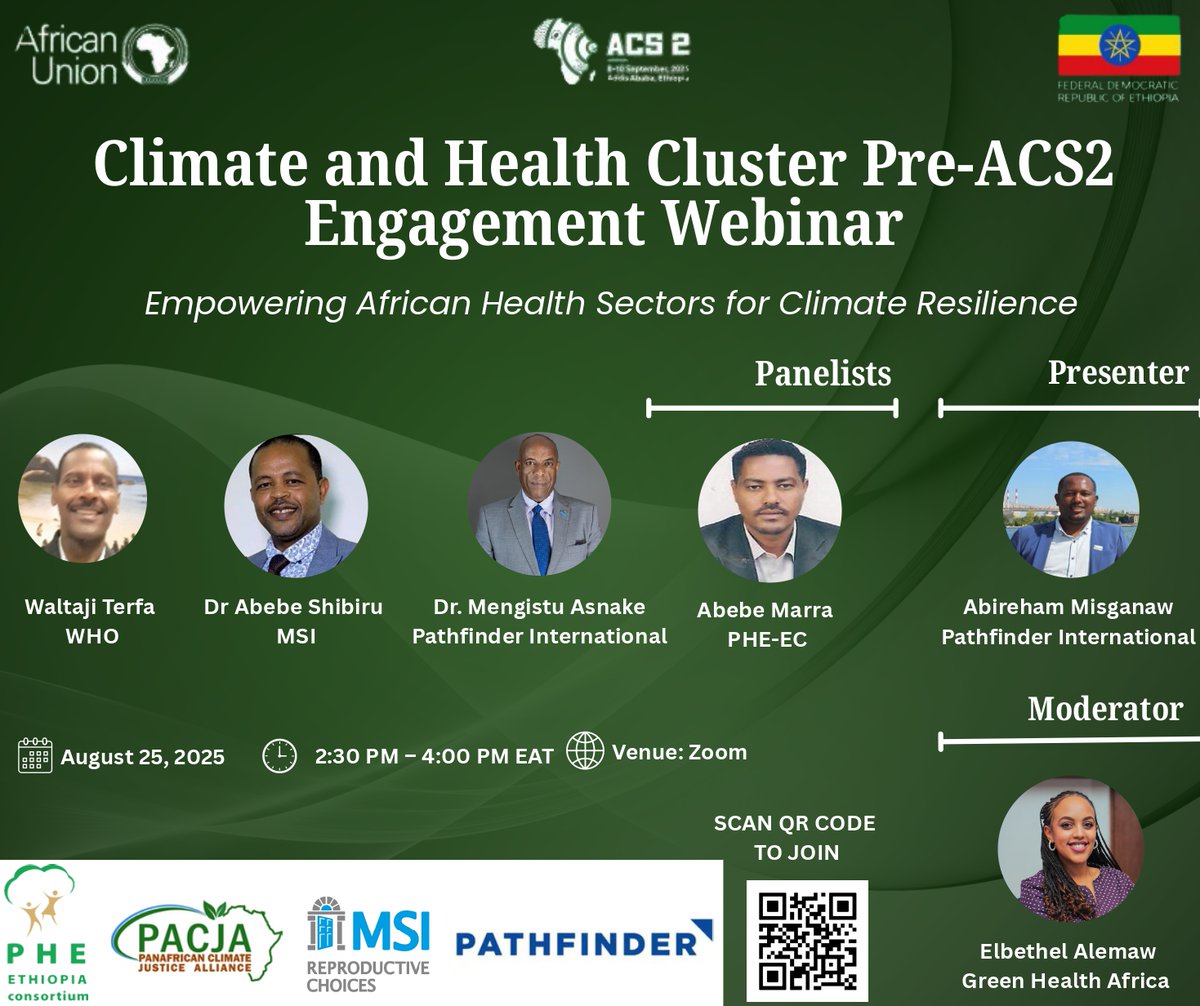 Join us today at 2:30 p.m. EAT for Pre-Africa Climate Summit 2(ACS2) Climate Change and Health Cluster Engagement Webinar as we put health at the center of climate resilience discussions. <a href="/pheethiopia/">PHE Ethiopia Consortium</a> <a href="/WHO/">World Health Organization (WHO)</a> <a href="/PathfinderInt/">Pathfinder</a> <a href="/MarieStopesEth/">MSI Ethiopia Reproductive Choices 🇪🇹</a> <a href="/PACJA1/">PACJA</a> #ACS2 #ClimateAction #climatepolicy