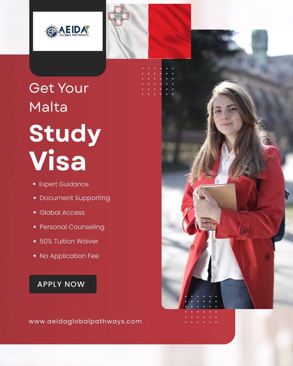 🎓 Study in Malta with Aeida Global Pathways!
✅ 50% Tuition Waiver – Pay ONLY €3,350 Now!
✅ No Application Fee
✅ Full support with your Study Visa process + Proof of Funds

Start your academic journey in Europe today!