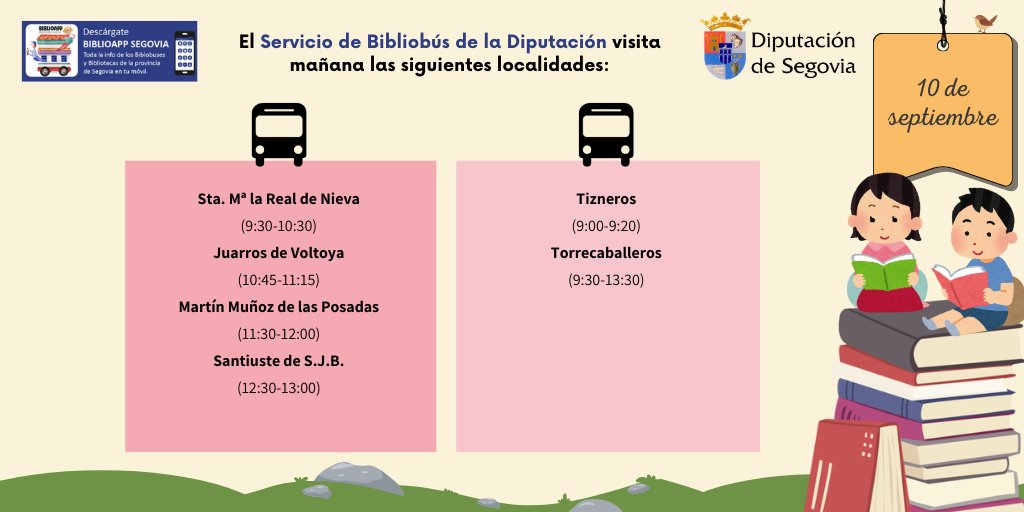 BIBLIOBÚS 📚

📣 Los bibliobuses de la Diputación de Segovia se ponen en marcha una nueva semana

📍 La ruta es: