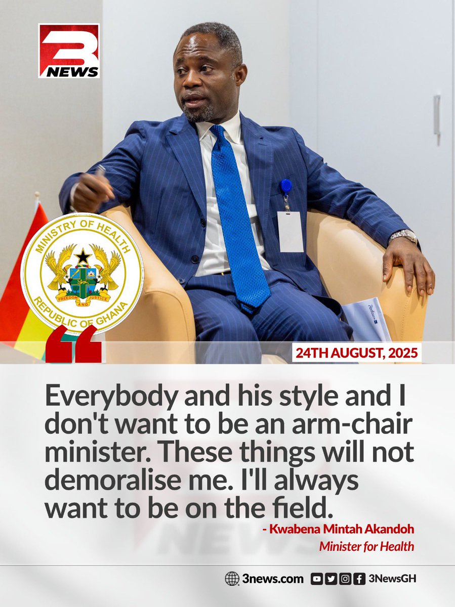 Health Minister, Kwabena Mintah Akandoh emphasizes his commitment to active service stating he will not be an “arm-chair minister” but will always be on the field.

#3NewsGH