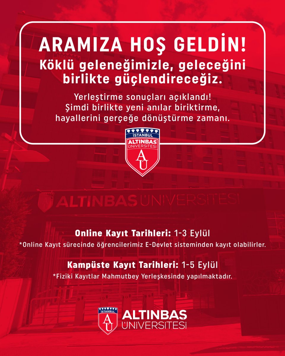 ARAMIZA HOŞ GELDİN ALTINBAŞLI❤️

Artık Altınbaş ailesinin bir parçasısın. 
Hayallerini gerçeğe dönüştürmek, yeni anılar biriktirmek için seni bekliyoruz!

📌 Online Kayıt: 1-3 Eylül (E-Devlet üzerinden)
📌 Kampüste Kayıt: 1-5 Eylül (Mahmutbey Yerleşkesi)