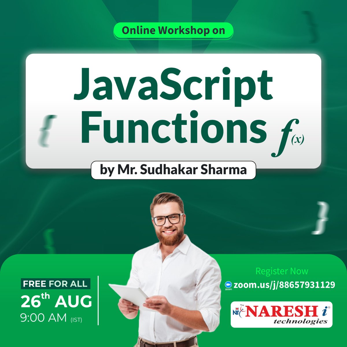 nareshitech's tweet image. 🚀 Master JavaScript Functions Like a Pro!
Register Now: t.ly/FWSJS-26AU
👨🏫 Trainer: Mr. Sudhakar Sharma
📅 Date: 26th August 2025⏰ Time: 9:00 AM (IST)
#JavaScriptWorkshop #Uitechnologies #JSFunctions #FreeCodingWorkshop #html #webdevelopment #javascript #bootstrap
