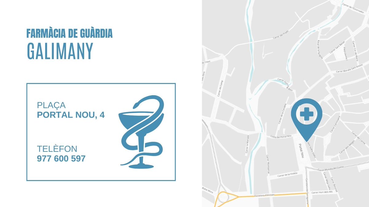 Bon dia, avui a #Valls la farmàcia de guàrdia és Galimany, a la plaça portal Nou, 4.
#FarmàciaGuardiaValls