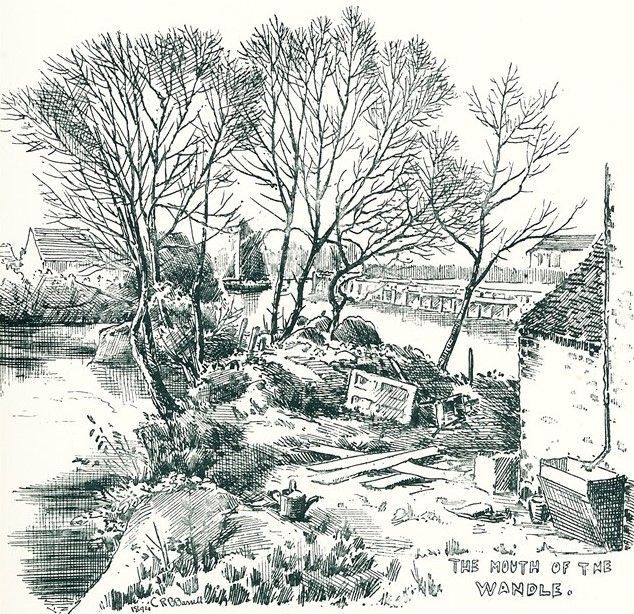 The Mouth of the Wandle from  1895 publication “Surrey: highways, byeways, and waterways”, by C.R.B. Barrett.  Described as “a dreary and not altogether savoury spot “. Despite trespassers being prosecuted he did his sketch,  "depressing and merited the designation of “sewer”.