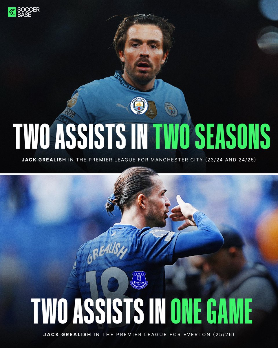 Jack Grealish had two assists for Everton yesterday - as many as he managed in total across the 2023-24 and 2024-25 Premier League campaigns for Manchester City. 👀🔵

#EFC #Everton #premierleague