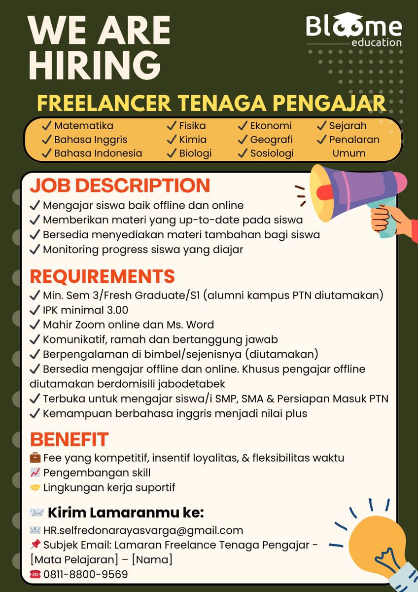 chilaaacute's tweet photo. 🚨 Lowongan Freelance Tenaga Pengajar 

Urgent butuh totur. Mau punya kerjaan fleksibel + fee kompetitif?
👉 Gabung di Bloome Education!

Mata pelajaran banyak pilihan (MTK, Fisika, Inggris, Ekonomi, dll)
📩 Apply sekarang: HR.selfredonarayasvarga@gmail.com
📱 WA: 0811-8800-9569 https://t.co/tFkS5DpzcV
