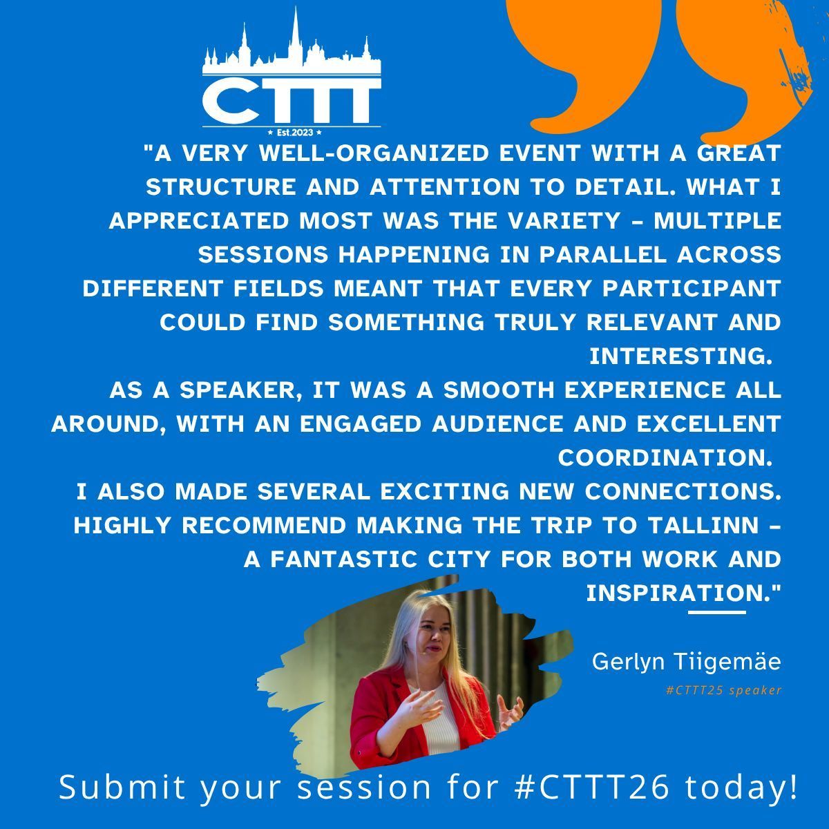 Cloud Tech Tallinn #CTTT (@ctechtallinn) on Twitter photo We are halfway through our call for speakers period! 🎉🎉
We are not all about international, but also here to highlight the local experts. Read below <a href="/tiigemae/">Gerlyn Tiigemäe</a> experience as a speaker at #CTTT25 😉
Submit your sessions here: ctttallinn.cloud/cfs
#VisitTallinn #CTTT26 #AI We are halfway through our call for speakers period! 🎉🎉
We are not all about international, but also here to highlight the local experts. Read below <a href="/tiigemae/">Gerlyn Tiigemäe</a> experience as a speaker at #CTTT25 😉
Submit your sessions here: ctttallinn.cloud/cfs
#VisitTallinn #CTTT26 #AI