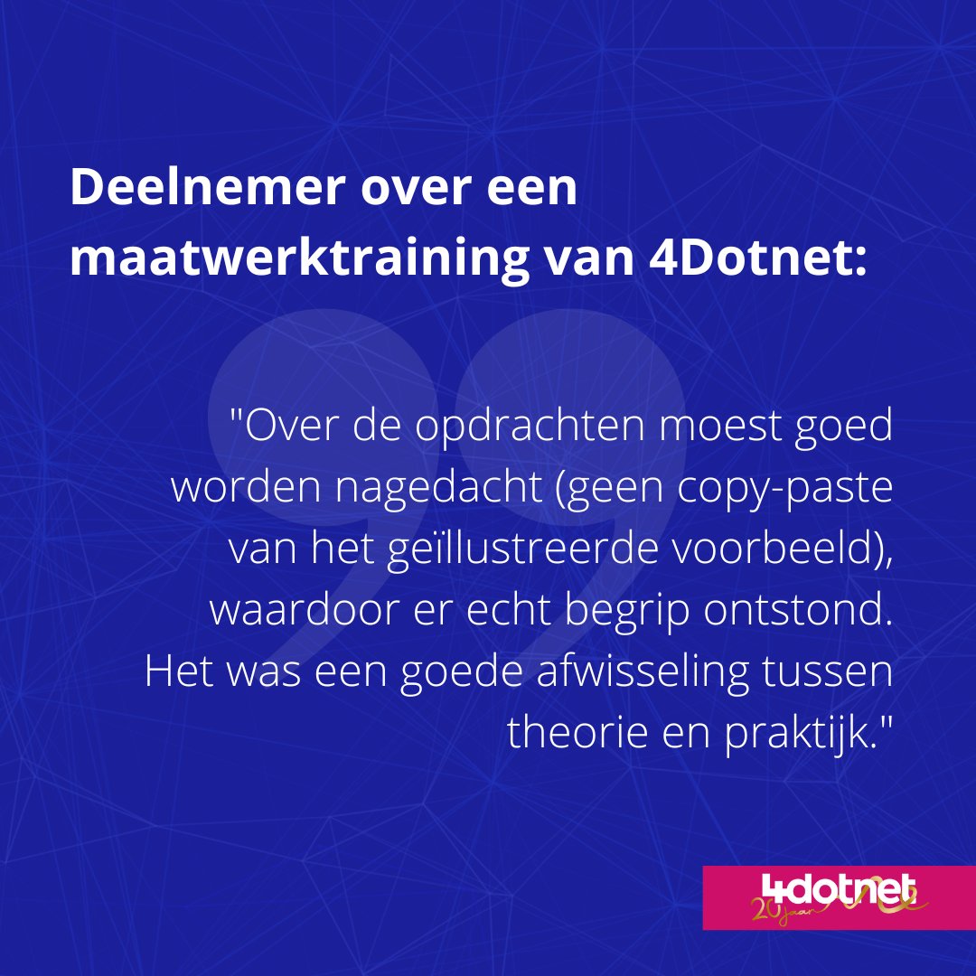 Waarom investeren in .NET- of Azure-trainingen? Meer kennis zorgt voor betere keuzes én werkplezier. De trainingen zijn praktijkgericht en direct toepasbaar. Lees wat een deelnemer van de training vond in onderstaande quote. 
Zie hier ons volledige aanbod: hubs.la/Q03DNnyC0
