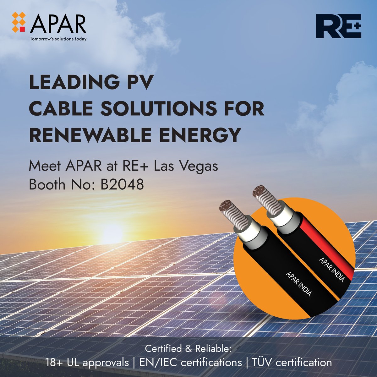 AparIndustries's tweet image. Meet APAR Cable Solutions Team at RE+ Las Vegas!
Register here: apar.com/apar-re2025-re…
Our advanced Photovoltaic (PV) Cables deliver zero transmission loss, a proven 25+ years’ service life, and exceptional fire &amp;amp; UV resistance. 

@AparLdc 

#APARCableSolutions #REPlus