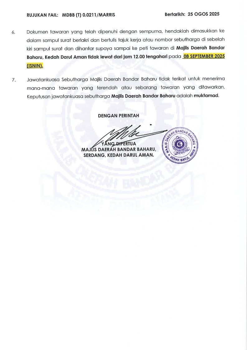KENYATAAN TAWARAN SEBUTHARGA KERJA-KERJA PENYENGGARAAN JALAN

Tawaran adalah dipelawa kepada kontraktor yang berdaftar dengan MDBB, Pusat Khidmat Kontraktor (PKK) dan Lembaga Pembangunan Industri (CIDB).