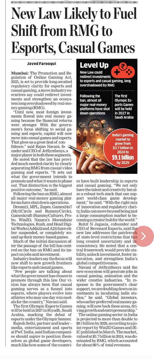 JetSynthesys (@jetsynthesys) on Twitter photo The Online Gaming Bill 2025 was passed last week, marking a landmark shift in India's gaming industry.
Here are the views of our Founder & CEO <a href="/NavaniRajan/">Rajan Navani</a>, featured in today’s <a href="/EconomicTimes/">Economic Times</a>: surl.li/ayieyc
#VideoGaming #esports #OnlineGamingBill2025 The Online Gaming Bill 2025 was passed last week, marking a landmark shift in India's gaming industry.
Here are the views of our Founder & CEO <a href="/NavaniRajan/">Rajan Navani</a>, featured in today’s <a href="/EconomicTimes/">Economic Times</a>: surl.li/ayieyc
#VideoGaming #esports #OnlineGamingBill2025