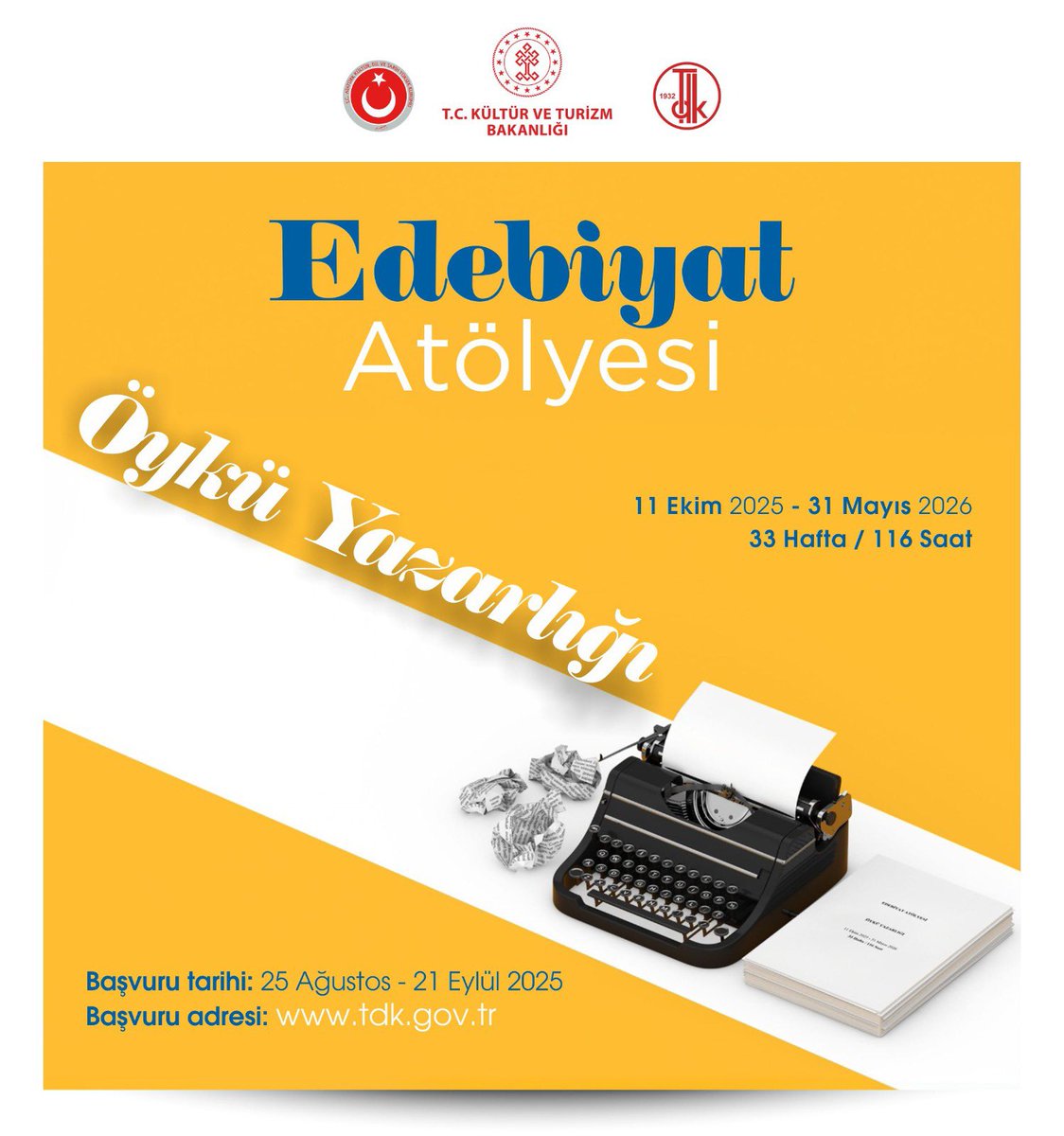Türk Dil Kurumu (@tdk_govtr) on Twitter photo 📌Ankara’daki üniversitelerde öğrenim gören öğrenciler için “Edebiyat Atölyesi / Öykü Yazarlığı” açılıyor.
🗓️ Başvuru Tarihi: 25 Ağustos-21 Eylül 2025
Ayrıntılı bilgi için: ⤵️
🔗 tdk.gov.tr/icerik/duyurul… 📌Ankara’daki üniversitelerde öğrenim gören öğrenciler için “Edebiyat Atölyesi / Öykü Yazarlığı” açılıyor.
🗓️ Başvuru Tarihi: 25 Ağustos-21 Eylül 2025
Ayrıntılı bilgi için: ⤵️
🔗 tdk.gov.tr/icerik/duyurul…