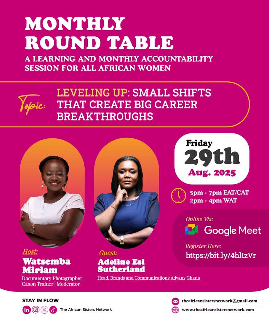 The Monthly Round Table is Back.✨ 

This August, we're unpacking a career game-changer:

LEVELING UP: Small Shifts That Create Big Career Breakthroughs.

Growth doesn't always come from big leaps.
Online via Google Meet. Please Register here: bit.ly/4hlIzVr